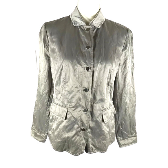 Chico's Women's Jacket Size 1 Gray Green Metallic Snap Long Sleeve Crinkle Y 2 K - Picture 9 of 11